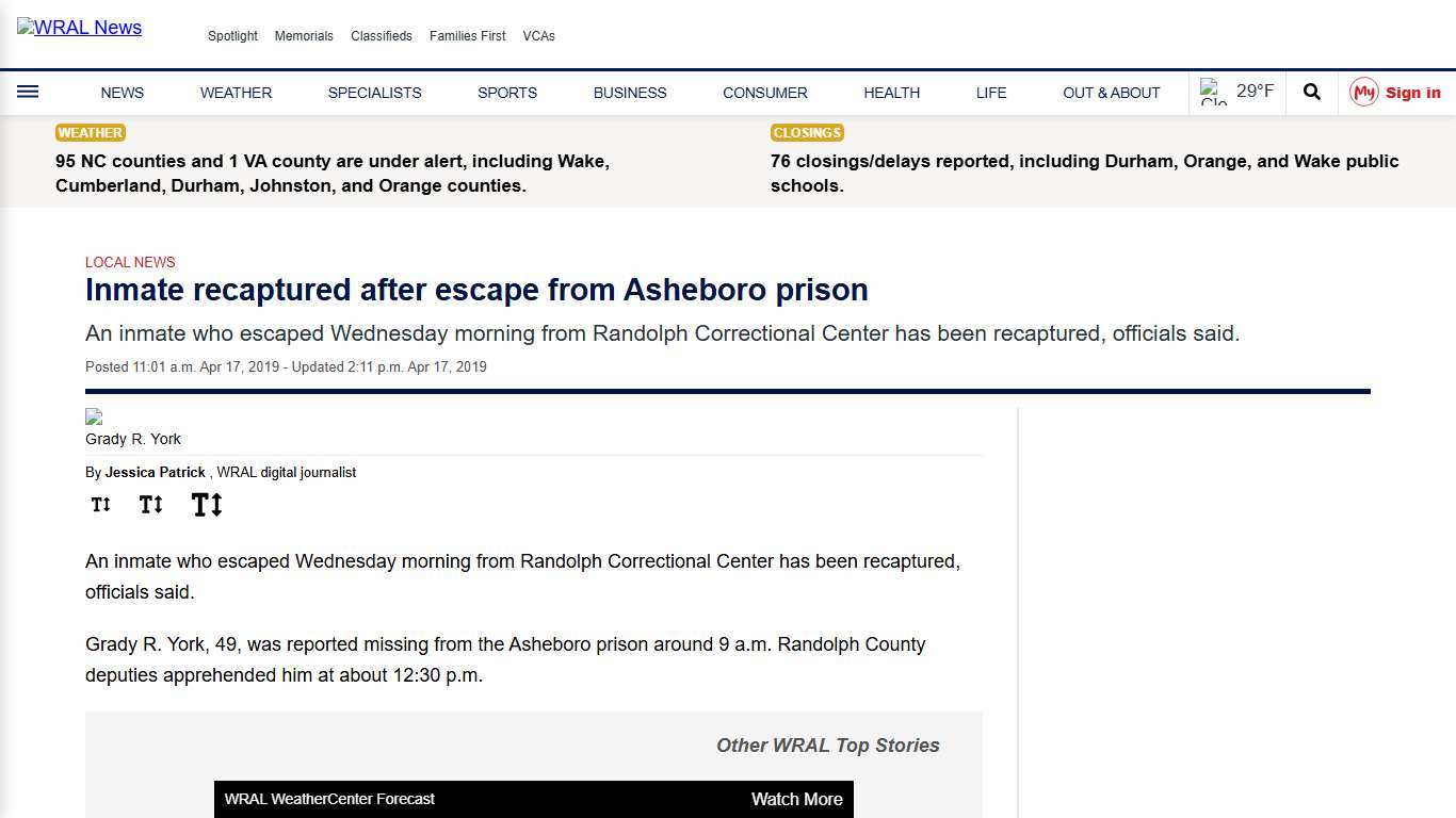 Inmate recaptured after escape from Asheboro prison